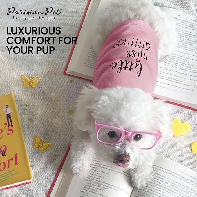 Parisian Pet Dog Tshirt - Embroidered “Little Miss Attitude“ Tank Top - 100% Cotton, Lightweight Dog Clothes Female - Sleeveless Pink Tee Shirts for Small Dogs Girl - XS