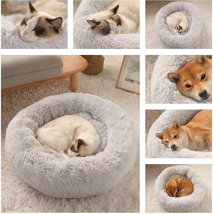Dog Calming Beds for Small Medium Large Dogs - Round Donut Washable Puppy Dog Bed, Anti-Slip Faux Fur Fluffy Donut Cuddle Anxiety Cat Pet Bed(Light Grey 20")