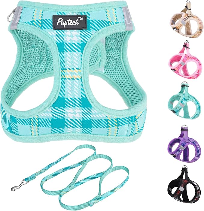 PUPTECK Dog Harness and Leash Set for Small Medium Dogs No Pull Step-in Soft Mesh Puppy Cat Vest Harnesses Reflective at Night, Plaid Pattern Green L