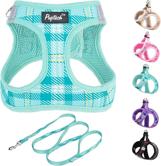 PUPTECK Dog Harness and Leash Set for Small Medium Dogs No Pull Step-in Soft Mesh Puppy Cat Vest Harnesses Reflective at Night, Plaid Pattern Green S