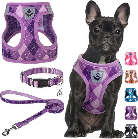 SCENEREAL Dog Harness Collar and Leash Set, Step-in No Pull Pet Vest Harnesses for Small Medium Dogs Puppy Cats, Soft Mesh No-Chock Reflective Vest Harness for Outdoor Walking Running, Purple Plaid M