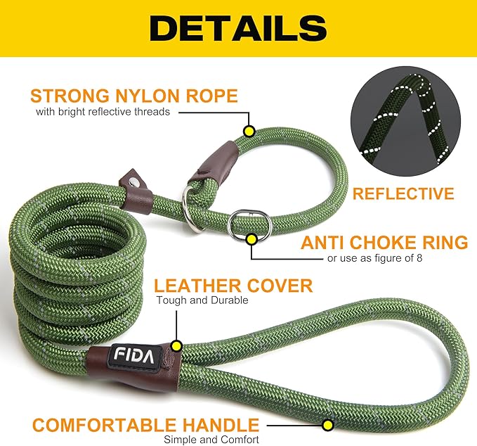 Fida Durable Slip Lead Dog Leash, 6 FT x 3/8" Heavy Duty Dog Loop Leash, Comfortable Strong Rope Slip Leash for Small Dogs and Puppies, No Pull Pet Training Leash with Highly Reflective(3/8", Green)