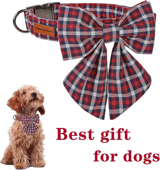 Unique style paws Christmas Dog Collar with Bow Tie Red Blue Plaid Puppy Collar for Small Medium Large Dogs as Holiday Autumn Winter Gifts-L