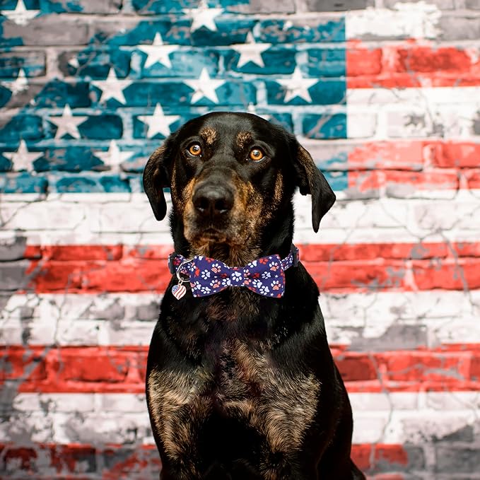 ADOGGYGO American Flag Dog Collar with Detachable Bowtie, Adjustable 4th of July Patriotic Collars for Small Medium Large Dogs Pets (Large)