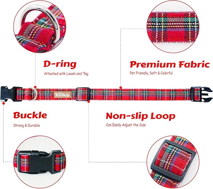Tunkoo Christmas Classic Plaid Collar Premium Cotton Puppy Collar - Adjustable Collar with Strong Plastic Bucle Gifts for Small Medium Large Girls Boys Dogs, S