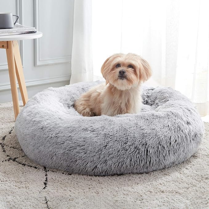 Donut Dog Cuddler Bed Calming, Anti-Anxiety, Warming Cozy Soft Dog Round Bed, Fluffy Faux Fur Plush Dog Cat Cushion bed for Small Medium Dogs and Cats (20"/24"/27"/30")