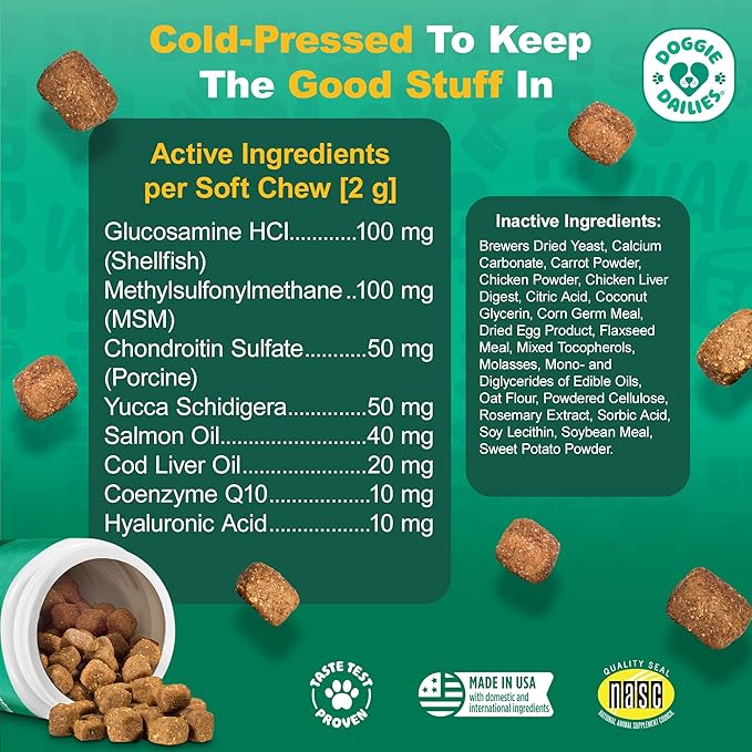 Doggie Dailies Glucosamine for Dogs - Joint Supplement for of All Breeds & Sizes - Hip and Joint Supplement - Premium Glucosamine and Chondroitin for Dogs (Chicken) 225 Chews