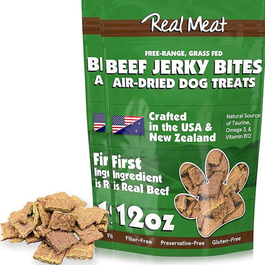 Real Meat Dog Treats - Two 12oz Bag of Bite-Sized Air-Dried Beef Jerky for Dogs - Grain-Free Jerky Treats with 95% Free-Range, Grass Fed Beef - All-Natural High Protein Treats