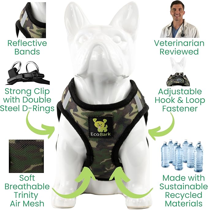 EcoBark Step in Dog Harness - Eco-Friendly Teacup Dog Harnesses for XXS, XS, and Small Dogs - Reflective and Adjustable Mini Body Halter Vest -Tiny Soft Mesh Toy Breed Harness Under 5 lbs (Camo, XXS)