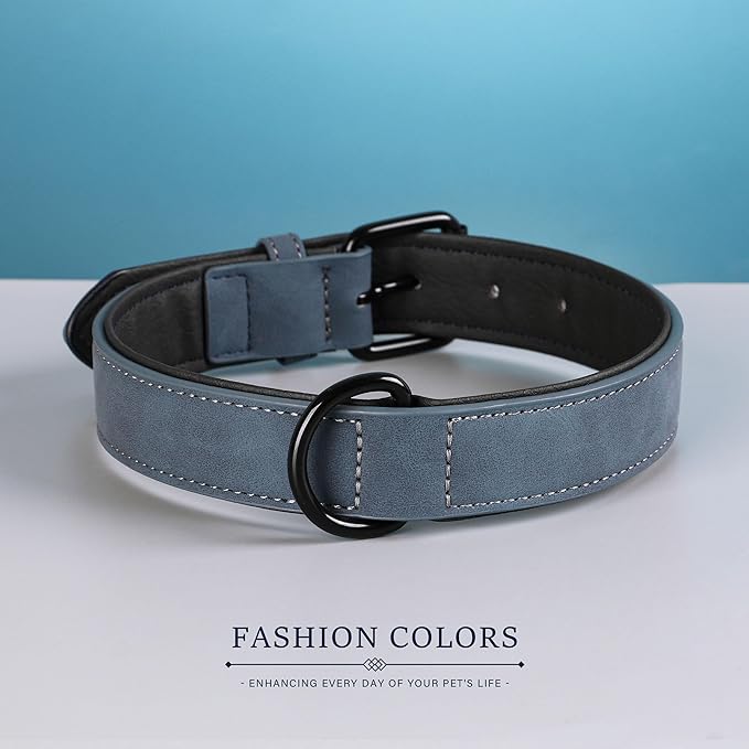 Didog Soft Padded Leather Dog Collar, Breathable Heavy Duty Dog Collar Faux Leather with Adjustable Rust-Proof Metal Buckle for Small Medium Large Dogs, Blue, XL Fit Neck 17-21"(44-71 lbs)