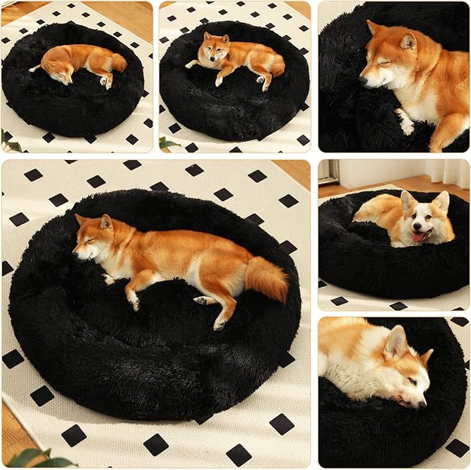 Dog Calming Beds for Small Medium Large Dogs - Round Donut Washable Puppy Dog Bed, Anti-Slip Faux Fur Fluffy Donut Cuddle Anxiety Cat Pet Bed(28'' Black)