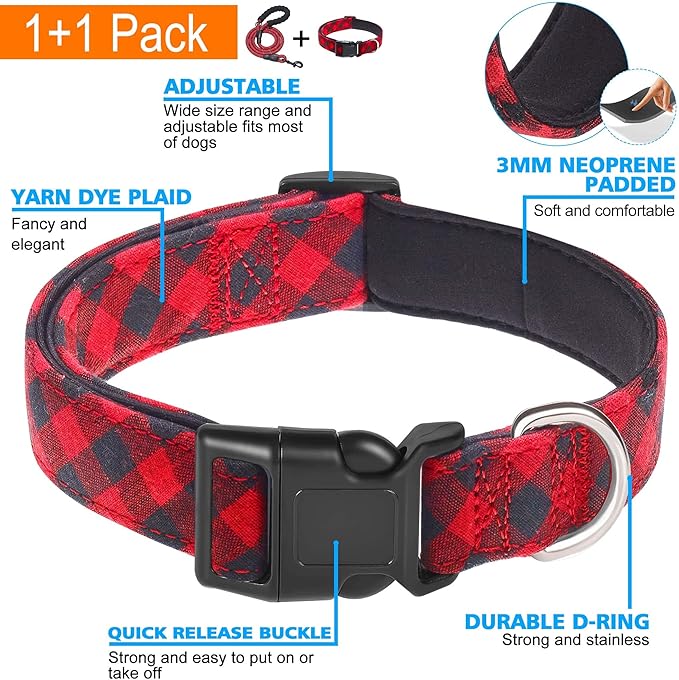 Reflective Dog Collar Padded with Soft Neoprene Breathable Adjustable Nylon Dog Collars for Small Medium Large Dogs (Large (Pack of 1), Red Plaid Collar+Leash)