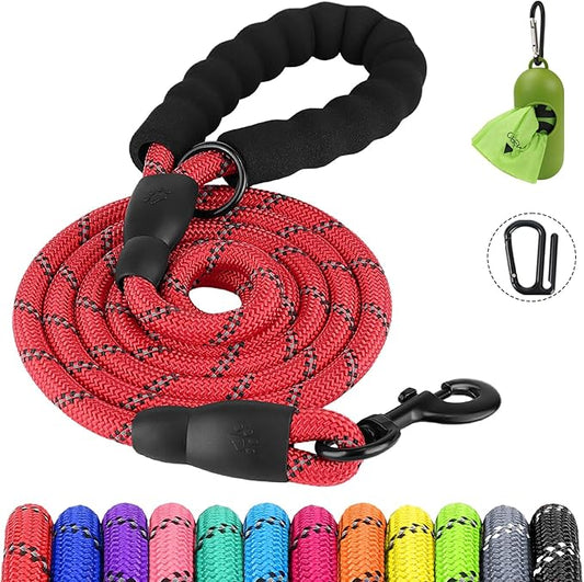 Joytale Reflective Dog Leash, Heavy Duty Nylon Rope with Poop Bag Holder, Highly Reflective Threads Leashes for Small Dogs, Red, 6'×3/8''