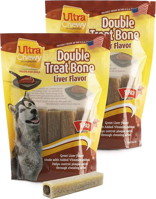 Ultra Chewy Double Treat Bones: Long-Lasting Dog Treats Made in USA for Large and Small Breeds, Highly Digestible, Ideal for Aggressive Chewers (Liver, 2 Value Packs)