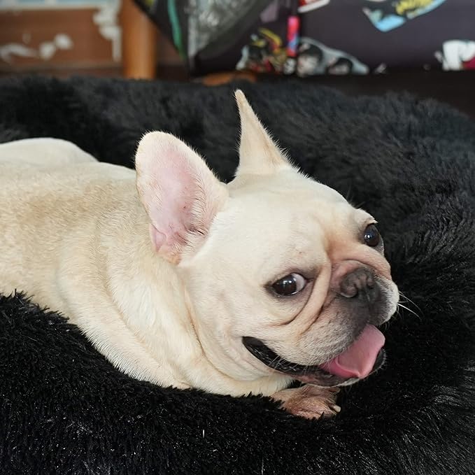 Black Dog Bed for Small Dogs Washble Calming 23 Inch Fluffy Plush Black Dog Bed Round Donut Machine Washable Small Pet Bed