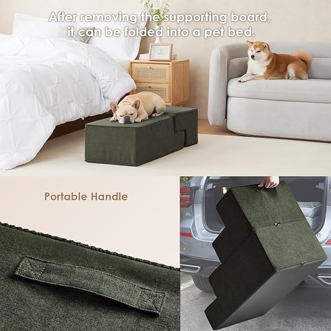 EHEYCIGA Dog Stairs for Bed 20”H, 4-Step Extra Wide Dog Steps for High Bed, Pet Steps for Small Dogs and Cats, Non-Slip Balanced Dog Indoor Ramp, Olive Green