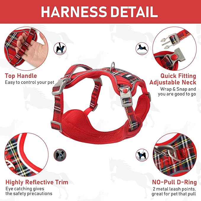 GAMUDA Dog Harness Collar and Leash Set, Dog Harness, No Chock No Pull Adjustable Vest Harnesses Plaid Reflective for Medium Dog, Cat, Small Horse, Small Bull and Pig (Red, M)