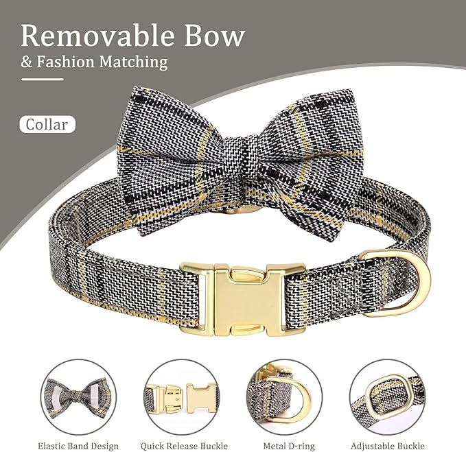 Beirui Cute Small Dog Harness Collar and Leash Set with Bowtie, Soft Adjustable Plaid Puppy Harness for Small Sized Dogs Cats Walks Parties and Photoshoots(Gray,XXS:Chest 12-14")