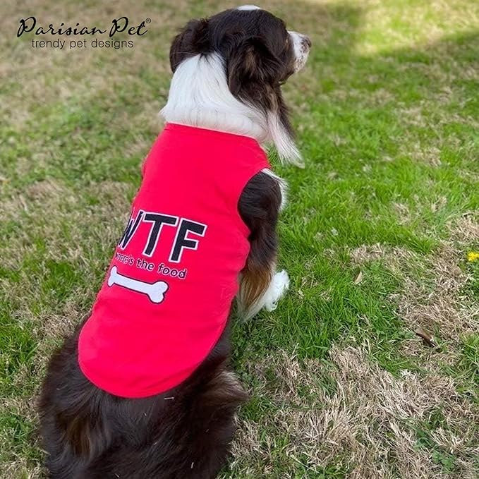 Parisian Pet Dog Tshirt - Embroidered “ WTF (Where’s The Food) “ Dog Shirt - Lightweight, Cotton Tank Top - Sleeveless Tee Shirts - Machine Washable Shirts for Medium Dogs - M