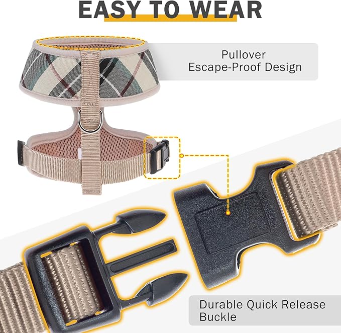 SCENEREAL No Pull Dog Harness Collar and Leash Set Small Medium Sized Dog, Soft Mesh Step in Puppy Harnesses, No Chock Plaid Adjustible Pet Vest for Outdoor Walking Training and Running, Beige S