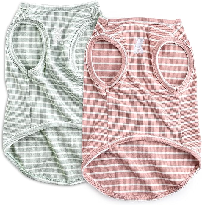Koneseve Dog Shirt Vest Lightweight Stretchy Dog T-Shirts Soft Cool Shirts Sleeveless Stripe Vests Breathable Clothes for Puppy Kitty Cats Small Medium Large Dogs 2 Pack Pink + Green [ L/Large ]