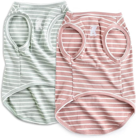 Koneseve Dog Shirt Vest Lightweight Stretchy Dog T-Shirts Soft Cool Sleeveless Stripe Vests Breathable Clothes for Puppy Kitty Cats Small Medium Large Dogs 2 Pack Pink + Green [ M/Medium ]