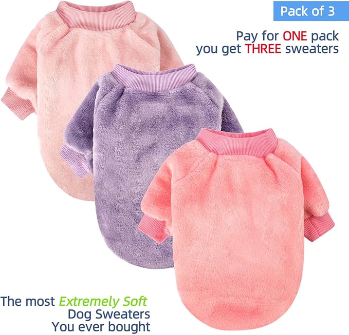 FabriCastle Small Dog Sweaters, 3-Pack Dog Clothes for Small Dogs Girl & Cats, Soft and Warm Pet Coats XXS - XXL, Winter Pet Jackets, Doggy Apparel Costumes Outfits (Pink,Purple,Light Pink, X-Large)