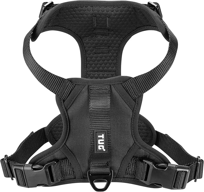 TUG Dog Harness with 2 Leash Connection Points | Adjustable, Padded, Lightweight | Handle on Back | No-Pull Front Clip (Small, Black)