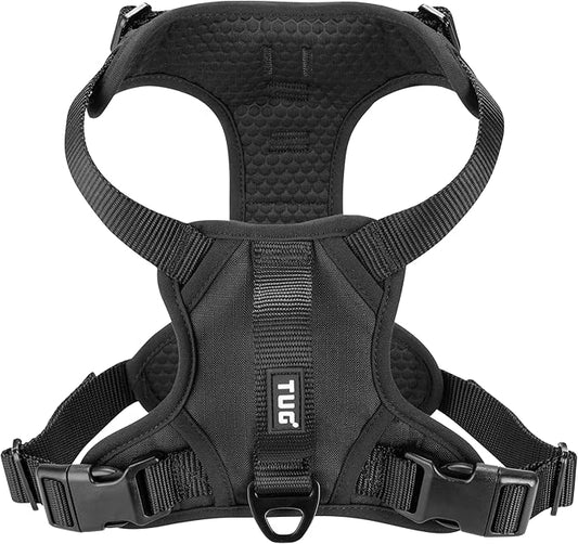 TUG Dog Harness with 2 Leash Connection Points | Adjustable, Padded, Lightweight | Handle on Back | No-Pull Front Clip (Small, Black)