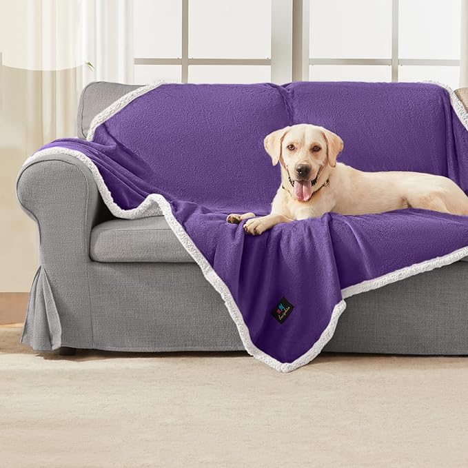 Luciphia Waterproof Blanket for Large Dogs Liquid Proof Furniture Protector Washable Pet Reversible Bed Cover for Couch Soft Sherpa Fleece Cat Blanket for Small Medium Purple White X-Large（85" x 57"）
