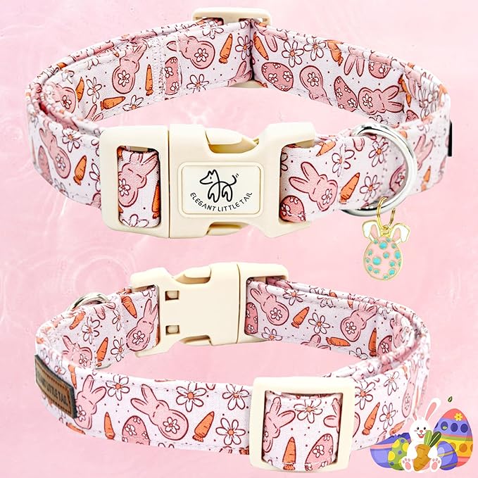 Elegant little tail Easter Dog Collar,Bunny Pattern Pet Collar Pink Durable Holiday Female or Male Adjustable Cotton Pet Collar with Quick Release Buckle for X-Small Puppy