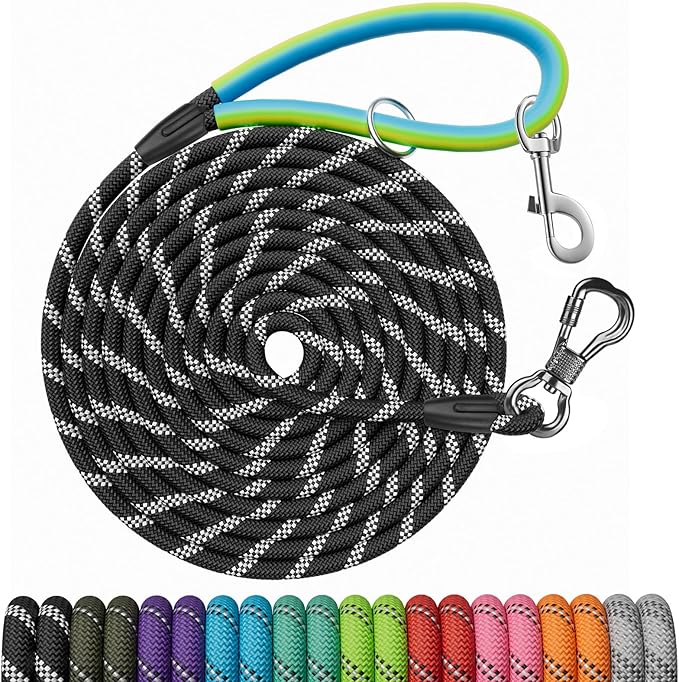 Long Dog Leash for Dog Training 10FT/15FT/20FT/30FT/40FT/50FT/100FT Reflective Leash with 2 Hooks, Heavy Duty Dog Lead for Large Medium Small Dogs Outside Walking Camping Yard, Black 50FT