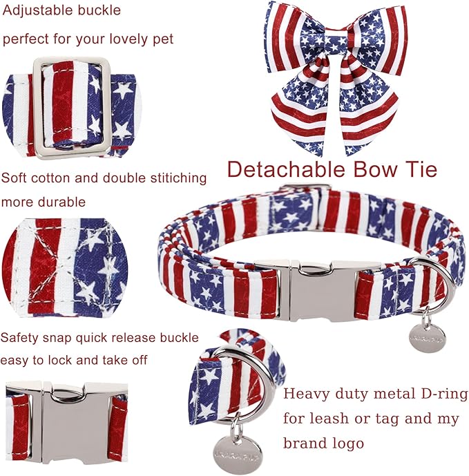 Patriotic Dog Collar with Bow Tie, 4th of July Bowtie Dog Collar, American Flag Collar for Large Boy Girl Dog, Comfortable Summer Bowtie Collar with Metal Buckle, L