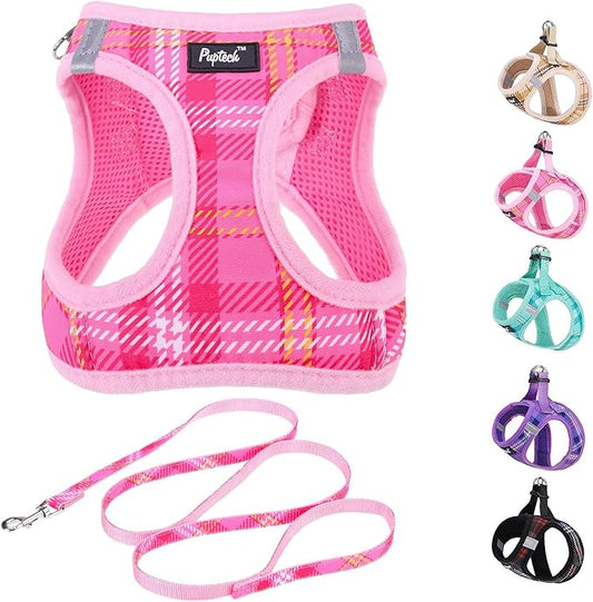 PUPTECK Dog Harness and Leash Set for Small Medium Dogs No Pull Step-in Soft Mesh Puppy Cat Vest Harnesses Reflective at Night, Plaid Pattern Pink S