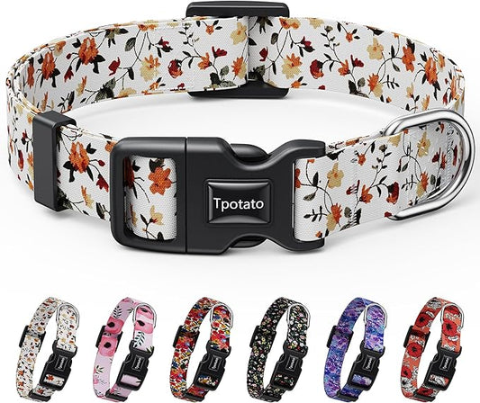 Tpotato Reflective Combination Pattern Girl Dog Collar for Puppy Small Medium Large Breed Dogs,Female Cute Floral Designer Dog Collars,Adjustable Soft Nylon Pet Collar,Quick Release Dog Collar L