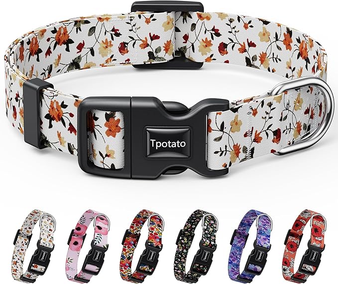 Tpotato Reflective Combination Pattern Girl Dog Collar for Puppy Small Medium Large Breed Dogs,Female Cute Floral Designer Dog Collars,Adjustable Soft Nylon Pet Collar,Quick Release Dog Collar S