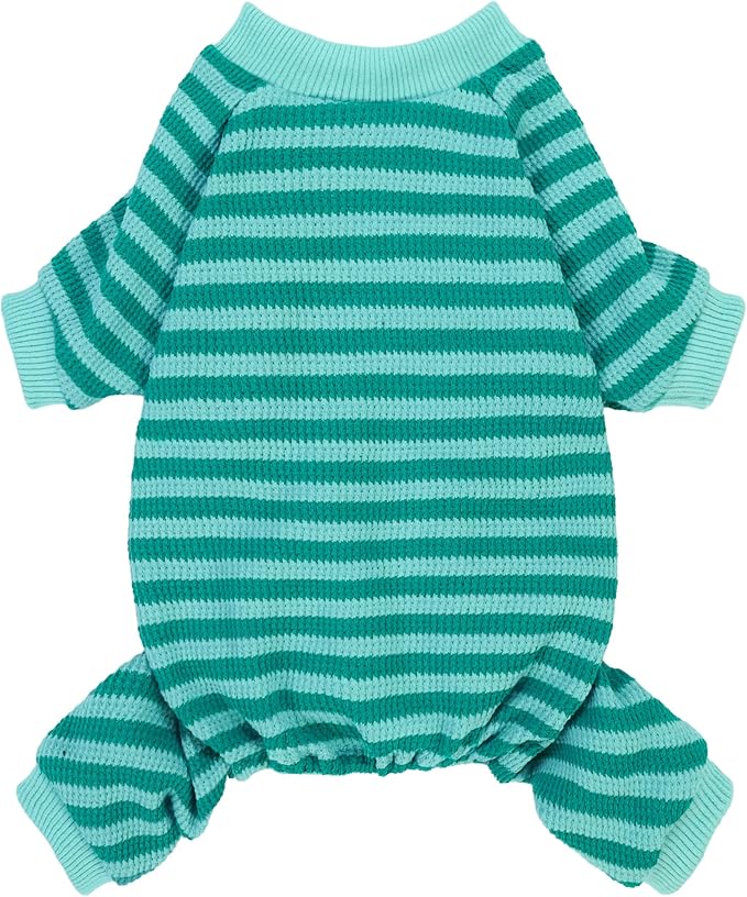 Fitwarm Green and Teal Striped Dog Pajamas, Waffle Dog Clothes for Small Dogs Girl Boy, Puppy Onesie with Feet, Pet Cat Outfit, Large
