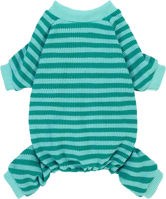 Fitwarm Green and Teal Striped Dog Pajamas, Waffle Dog Clothes for Small Dogs Girl Boy, Puppy Onesie with Feet, Pet Cat Outfit, Small