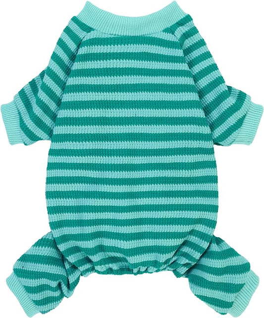 Fitwarm Green and Teal Striped Dog Pajamas, Waffle Dog Clothes for Small Dogs Girl Boy, Puppy Onesie with Feet, Pet Cat Outfit, Small