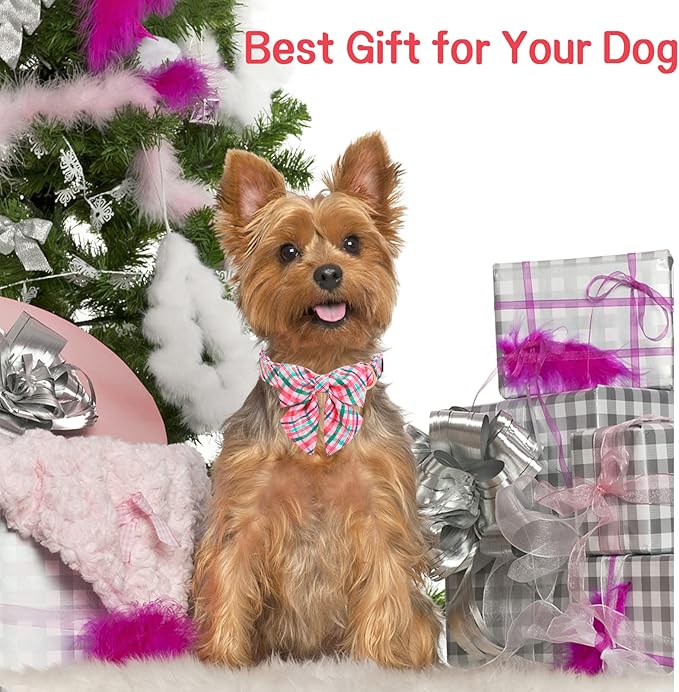 Unique style paws Dog Collar with Tie Pink & Green Plaid Dog Collar Best Gifts for Small Medium Large Dogs -XL
