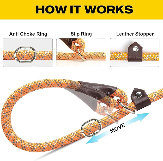 Fida Durable Slip Loop Lead for Large, Medium Dogs, 6 FT x 1/2" Heavy Duty, Comfortable Strong Rope, No Pull Pet Training Leash with Highly Reflective, Orange