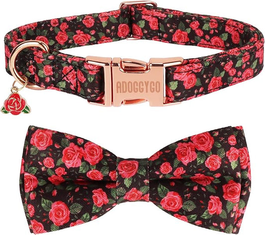 ADOGGYGO Floral Dog Collar with Bow, Red Rose Flower Dog Bowtie Collar with Metal Buckle, Adjustable Pet Floral Collars for Medium Large Dogs (Large)