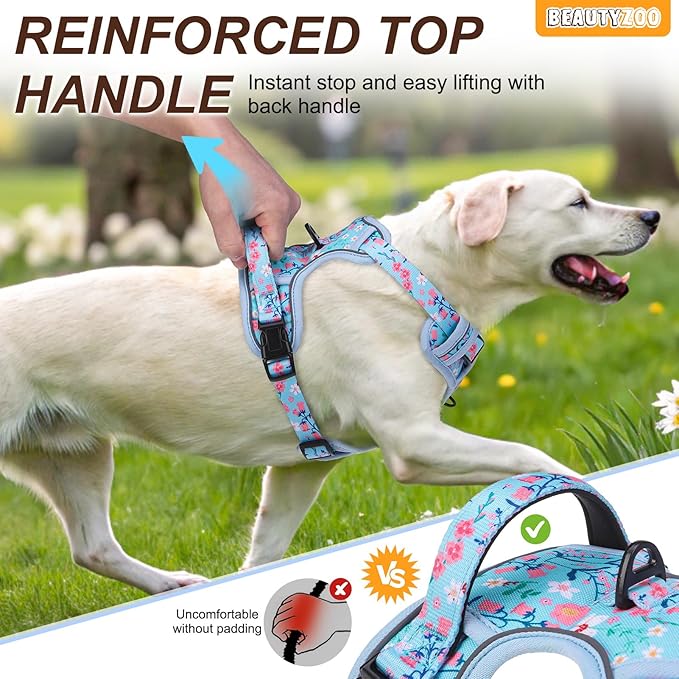 BEAUTYZOO No Pull Dog Harness Large,Adjustable Dog Harness and Leash Set -Easy Wearing with 3 Buckles/Control Handle,No Choke Soft Padded Reflective Pet Vest for Training Walking Hiking,Blue XL