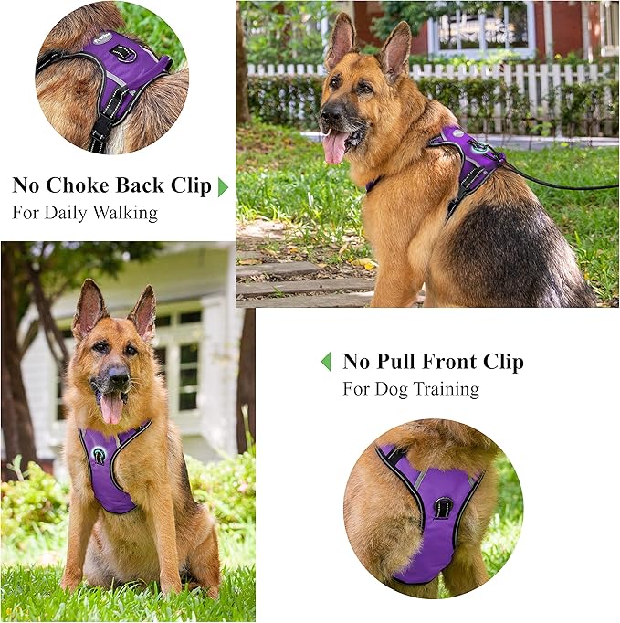 No Pull Dog Harness, Reflective Walking Dog Harness with Easy Control Handle and Front & Back Clips,Adjustable Breathable Soft Padded Dog Vest Harness for Large Medium Small Dogs,Purple,XL