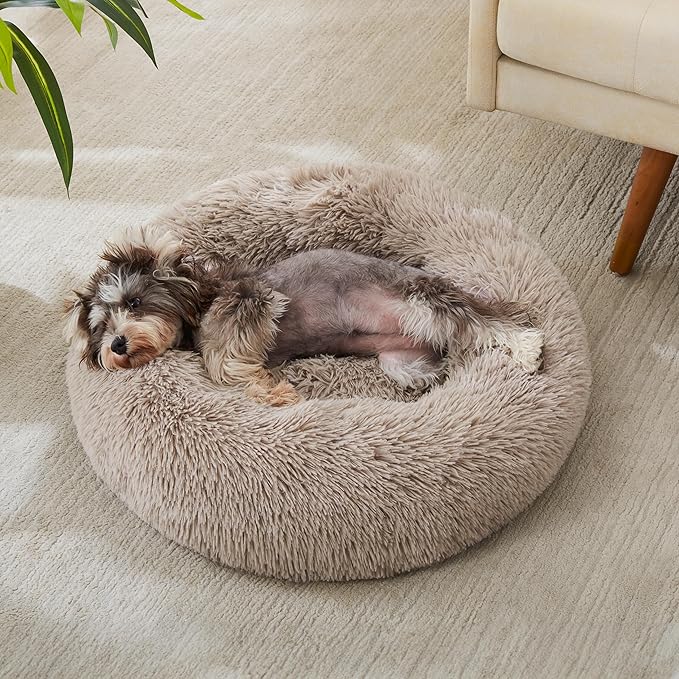 Calming Dog Bed & Cat Bed, Anti-Anxiety Donut Cuddler Warming Cozy Soft Round Bed, Fluffy Faux Fur Plush Cushion bed for Small Medium Dogs and Cats (20"/24"/27"/30")