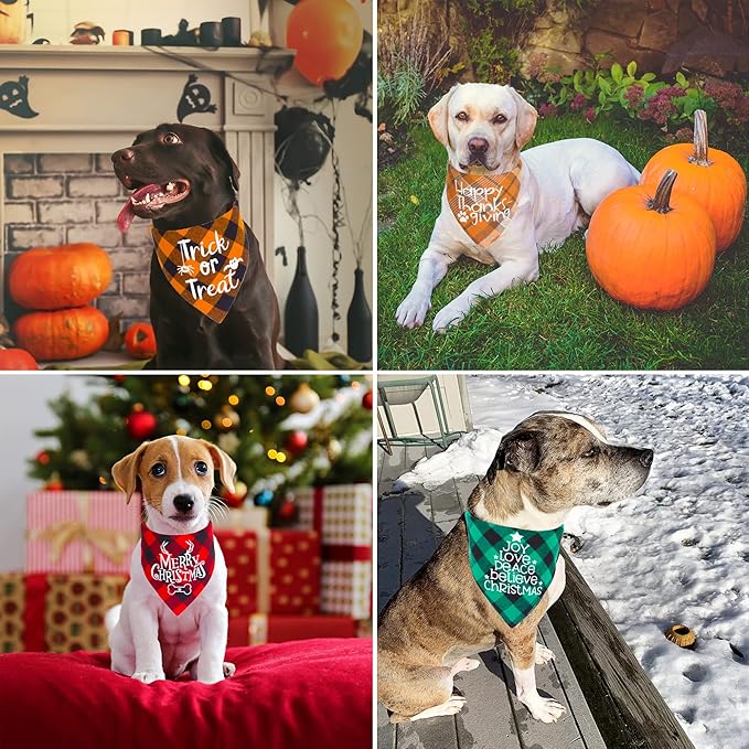 ADOGGYGO 4 Pack Plaid Holiday Dog Bandana, Halloween Thanksgivng Christmas Bandana Scarf Kerchief Christmas Thanksgivng Halloween Bandana for Small Medium Large Dogs (Large)