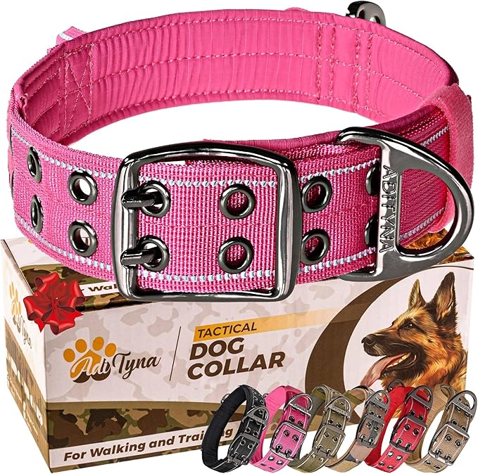 ADITYNA Heavy Duty Dog Collar for Extra-Large Girl Dogs - Reflective Pink Big Collar with Handle for Training, and Walking - Wide, Thick, Tactical, Soft Neoprene Padded
