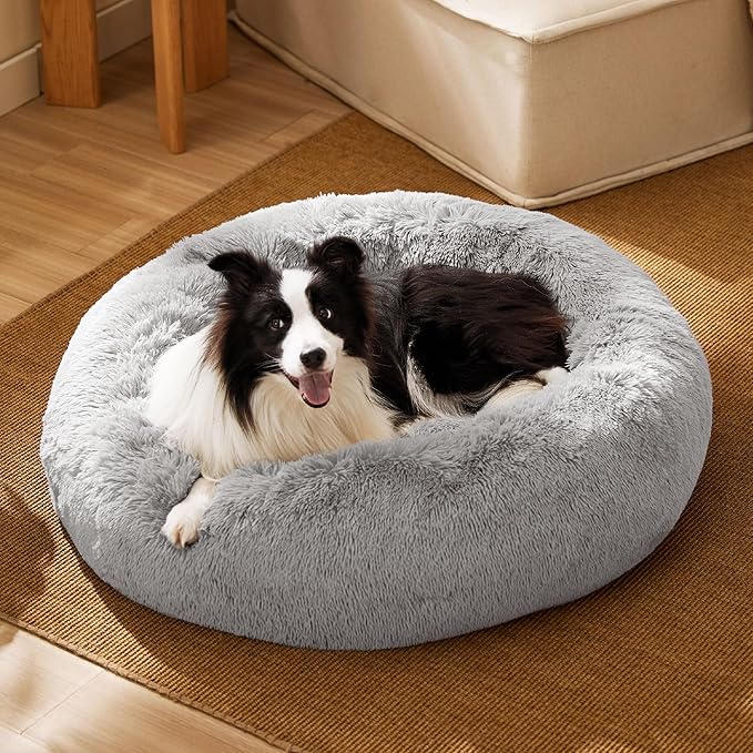 Bedsure Calming Dog Bed for Large Dogs - Donut Washable Large Pet Bed, 36 inches Anti-Slip Round Fluffy Plush Faux Fur Dog Bed, Fits up to 100 lbs Pets, Pale Grey