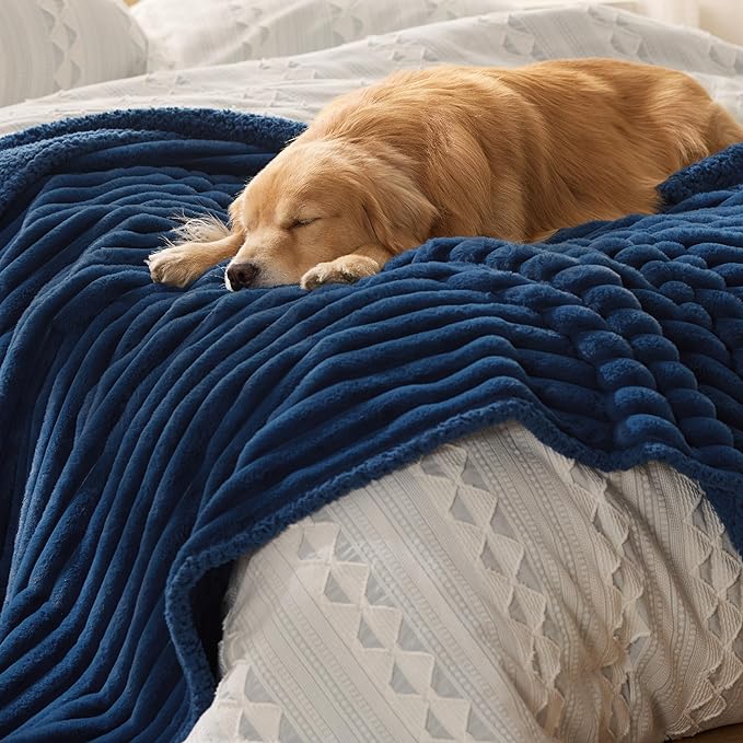 Bedsure Waterproof Dog Blankets for Large Dogs - Soft Pet Cat Blanket Corduroy Fleece for Bed Protector Washable, Cozy Calming Reversible Furniture Protection for Puppy,60"x80", Navy Blue