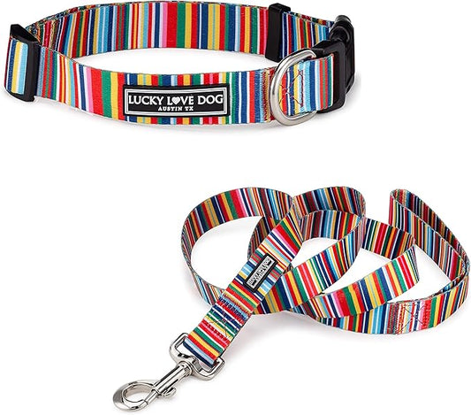 Lucky Love Dog - Easy Click Buckle Dog Collar with Leash Set Combo, Durable & Comfortable for Male & Female Dogs, Pet Collar for Small to Large Dogs, Secure Fit - Hippie Combo, Large